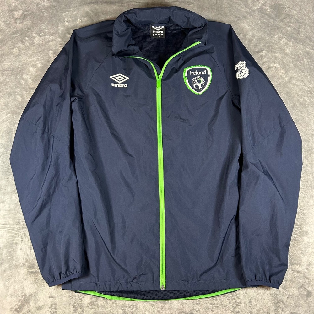Umbro Ireland FAI Soccer Training Jacket Navy Blue Neon Green Mens Small